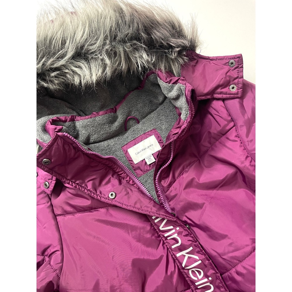Calvin Klein Jeans Girls XL 16 Purple Puffer Jacket Faux Fur Hood Fleece Lined